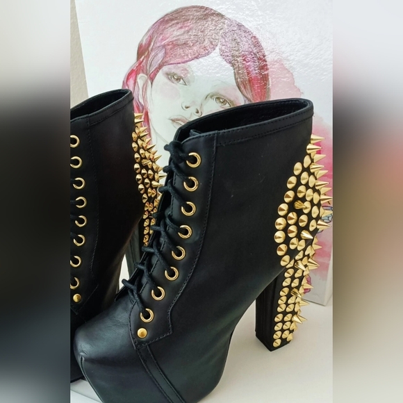 Jeffrey Campbell Shoes - Jeffrey Campbell LITA Black Leather Gold Spikes Booties Size 6